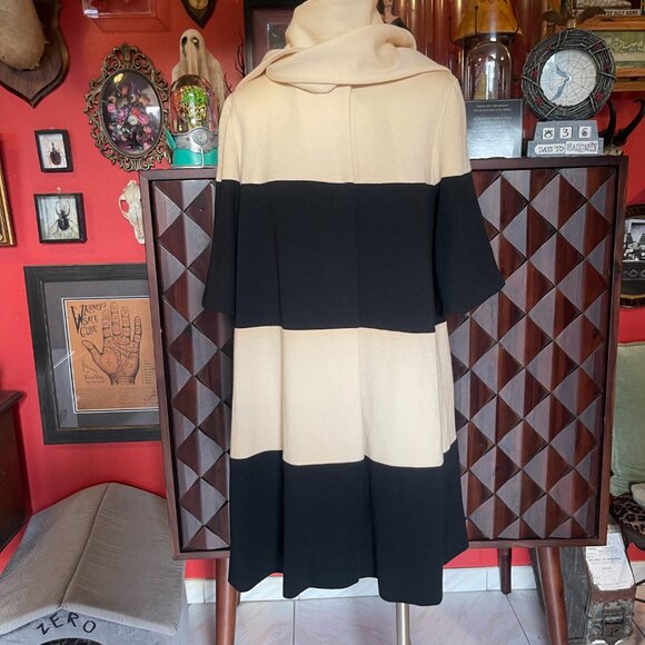 Vintage Lilli Ann Knit Black Cream Mod Dress Coat with Scarf Set Sz Medium - Picture 5 of 14